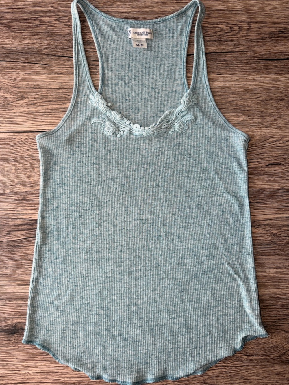 Y2K American Eagle Outfitters Heathered Seafoam Ribbed Tank with Lace Trim